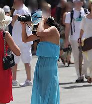Hot woman in transparent blueish dress