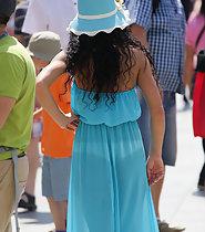 Hot woman in transparent blueish dress