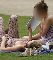 Girls relaxing on the grass