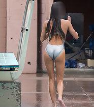 Sexy professional jump in swimming pool