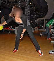 Bowling girl's big boobs slipping out
