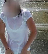 Accidental nudity in wet shirt and panties