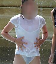 Accidental nudity in wet shirt and panties