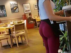 Sexy waitress got a fantastic ass in red tights Picture 1