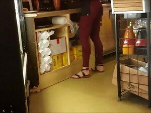 Sexy waitress got a fantastic ass in red tights Picture 3