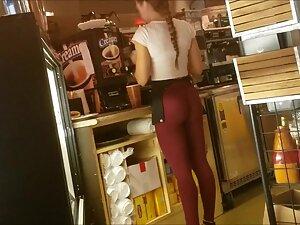 Sexy waitress got a fantastic ass in red tights Picture 4