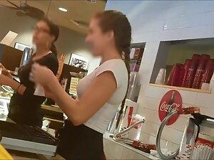 Sexy waitress got a fantastic ass in red tights Picture 5