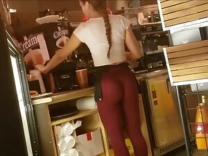 Waitress And Upskirt Down Blouse - Sexy waitress got a fantastic ass in red tights - Voyeur Videos