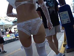 Sexy angel walks out in public in erotic lingerie