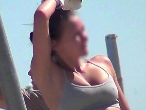 Hard nipples during beach workout