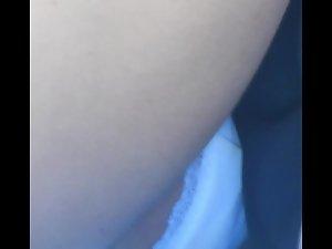 Shaved pussy lips slipping out of her white thong Picture 3