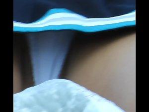 Shaved pussy lips slipping out of her white thong Picture 8