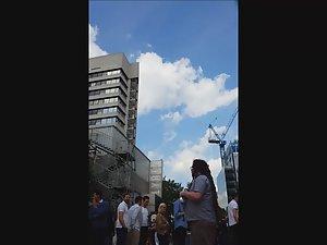 Wind shows her thong and bra in upskirt Picture 7