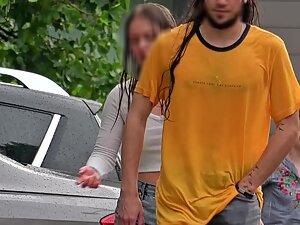 Rain got her wet and showed her tits and nipples