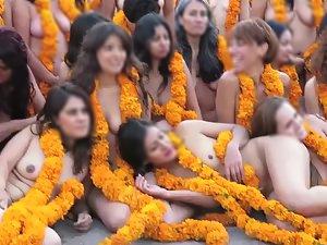Public nudity with orange flowers on the street Picture 4