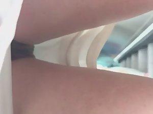 Pussy slip from thong in upskirt on moving stairs Picture 4