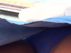 Talking to see her blue lace thong in upskirt Picture 8