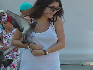 Even pigeons like her tits and nipples