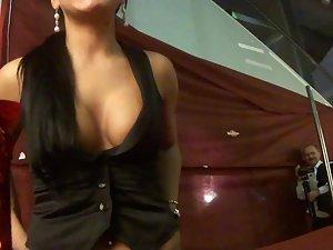 Voyeur talks to charming busty hostess Picture 5