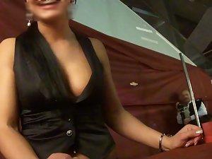 Voyeur talks to charming busty hostess Picture 6