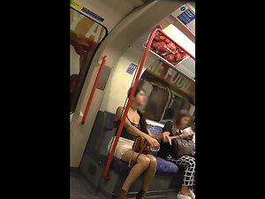 Upskirt of seductive blonde in high heels on the train Picture 6