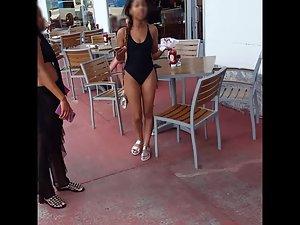 Voyeur checks out a nervous black girl in swimsuit Picture 2