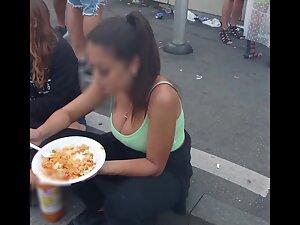 Checking her big tits while she eats at road curb Picture 5