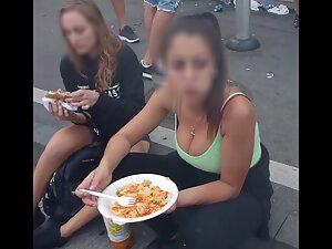 Checking her big tits while she eats at road curb Picture 7