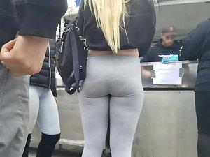 Blonde with substantial bubble butt in grey tights