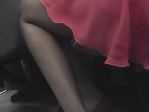 Upskirt of hot woman in red during bus ride Picture 6
