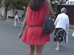 Upskirt of hot woman in red during bus ride