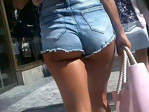 Cute girlfriend keeps tugging her shorts