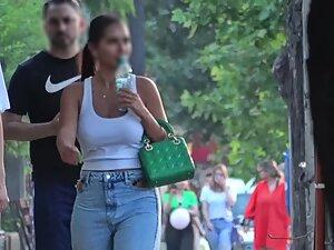 Busty girl's jeans got holes that show her panties Picture 3