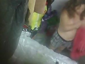 Chubby girl with curly hair dresses up