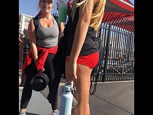 Hot pussy bulge in red shorts of an athletic girl Picture 5