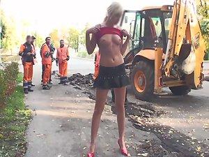Naked girl with construction workers