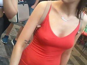 Puffy nipples peek through the red dress Picture 8