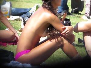 Yummy girl in pink thong and socks at the park Picture 4