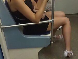 Upskirt of sexy blonde when she gets off the train