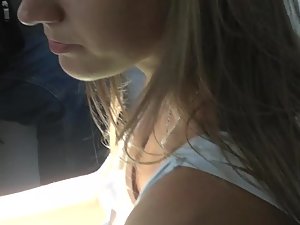 Good look on teen's tits down her blouse in train