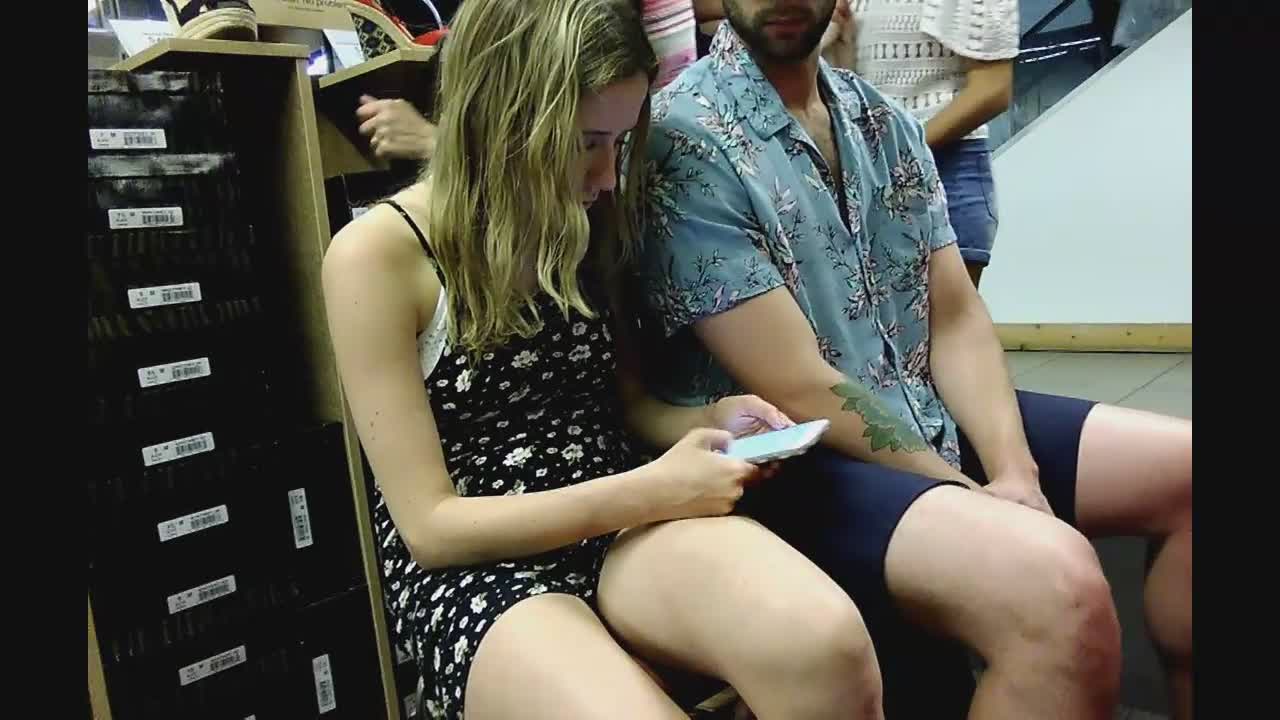 Upskirt of hot teens in shoe store