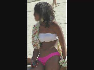 Slutty black girl on the beach in her pink thong Picture 5