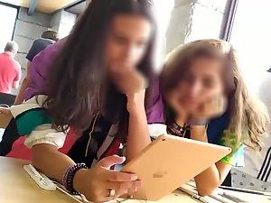 Hot lesbian girls touch each other in public