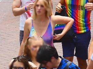 Big boobs and nipples in rainbow top Picture 1