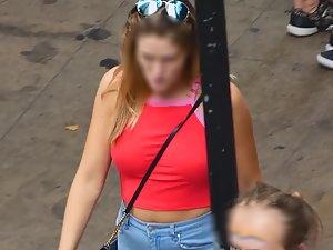 Braless tits defying gravity in red top Picture 7