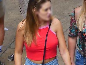 Braless tits defying gravity in red top Picture 8