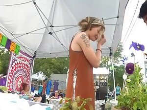 Upskirt of hot vegan girl on a plant fair
