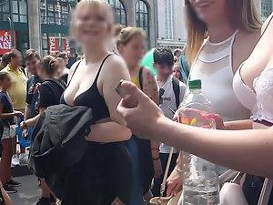 Voyeur checks out tits of three liberal girls Picture 1