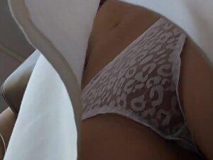 Transparent white thong of a fancy lady in upskirt