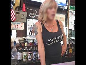 Busty waitress on candid camera across the counter Picture 5